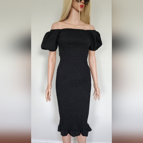 LULUS BLACK DRESS MIDI SMOCKED SMALL - Picture 1 of 12